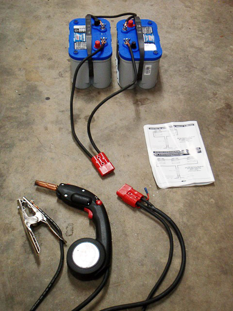Batteries in circuit with Ready Welder equipment.