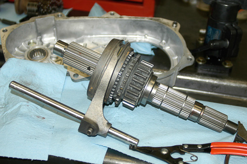 Assembled shift mechanism and output shaft components.