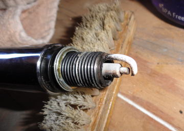 Worn spark plug from YJ Wrangler 4.2L six; photo by Shawn B.