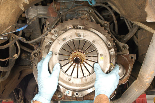 Removing Jeep Wrangler clutch from the flywheel.