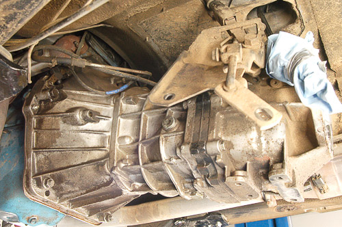 Jeep AX-5 transmission ready for removal.