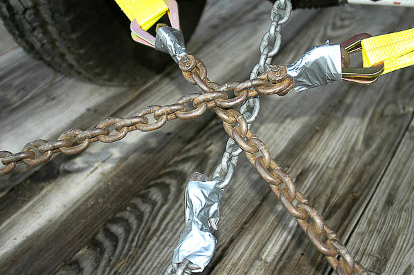 Chains tied in cross for lateral stability.
